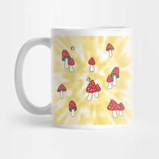 Aesthetic Red Hatted Mushrooms and Butterflies on a Yellow Pastel Tie Dye Background Mug